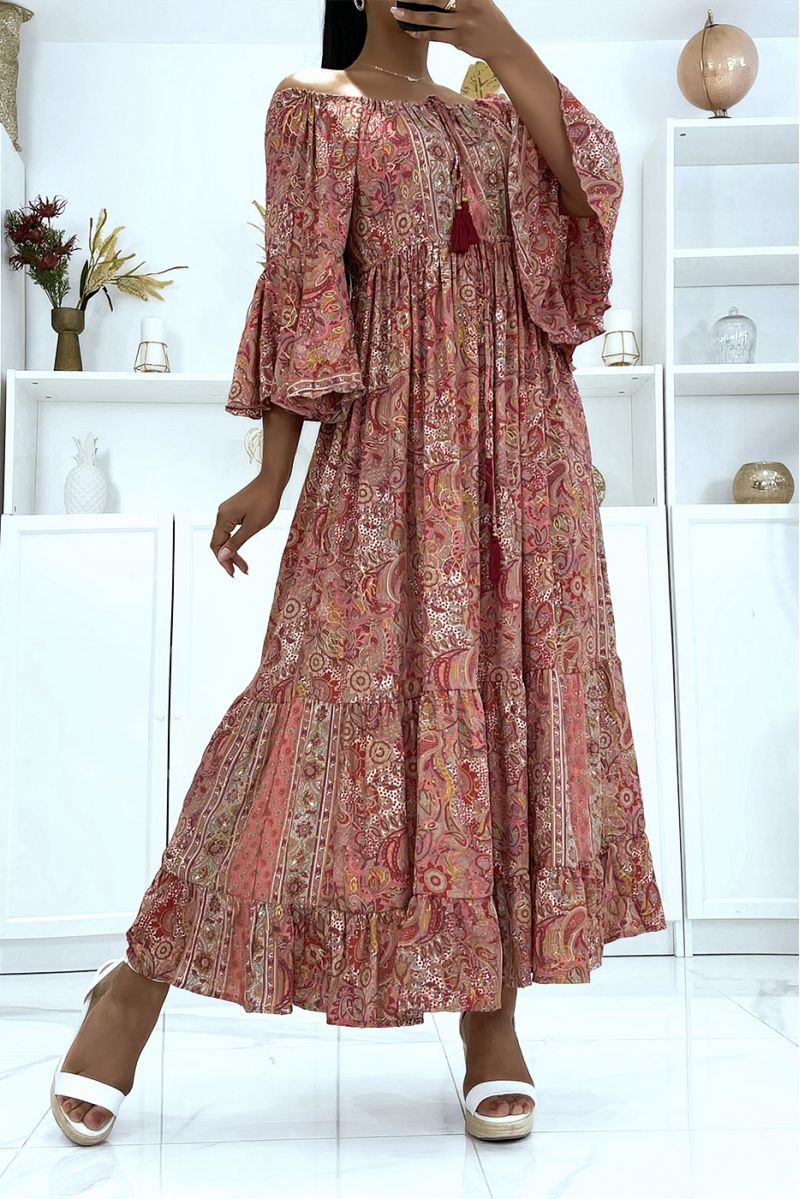 Sublime silk dress with flying sleeves with pretty pink pattern - 1