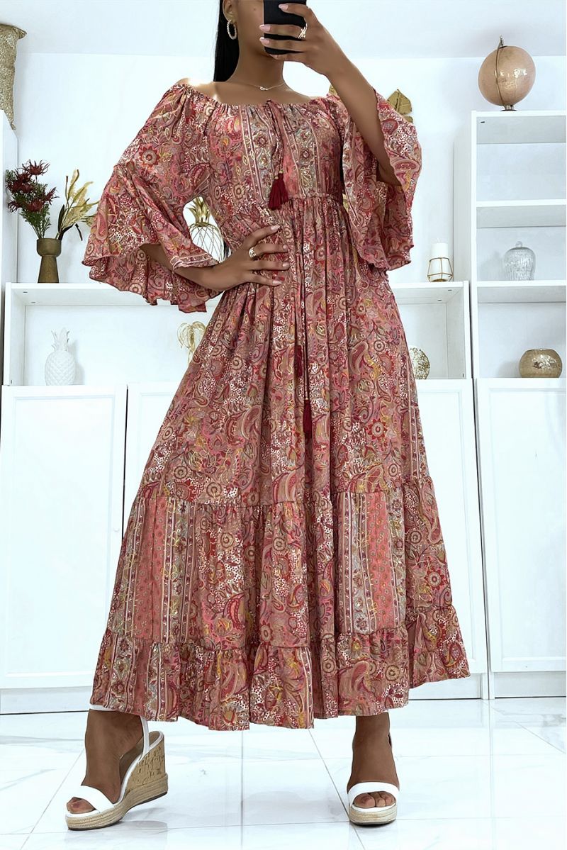 Sublime silk dress with flying sleeves with pretty pink pattern - 2