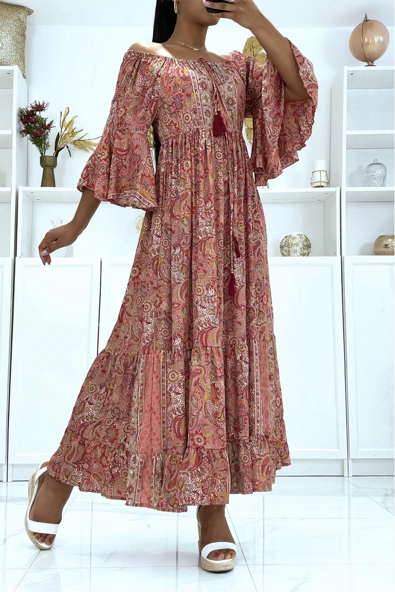 Sublime silk dress with flying sleeves with pretty pink pattern - 3