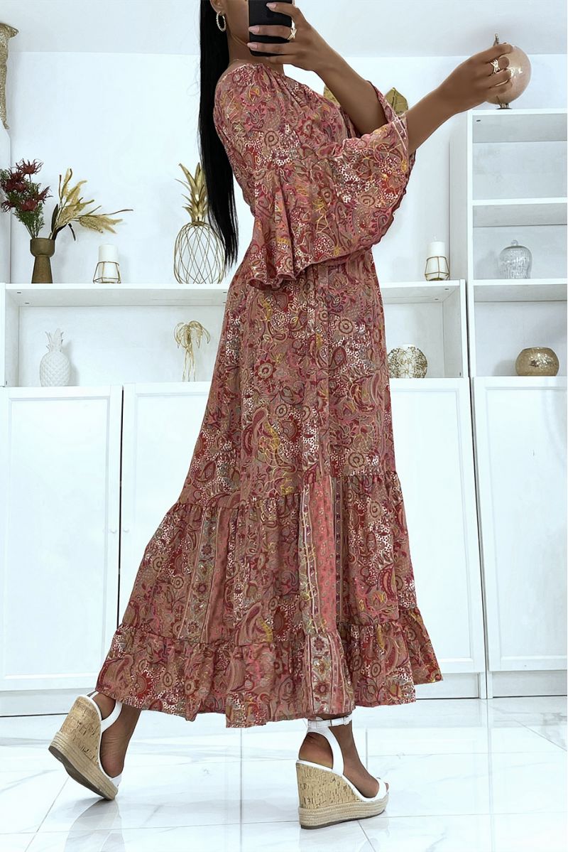 Sublime silk dress with flying sleeves with pretty pink pattern - 4