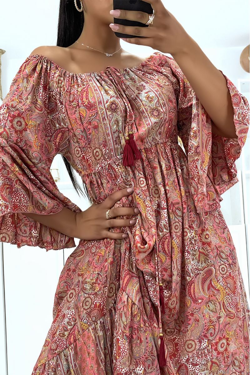 Sublime silk dress with flying sleeves with pretty pink pattern - 5