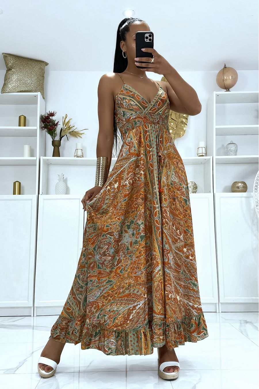 SuSSime robe en soie à bretelle avec joli motif moutarde - 1