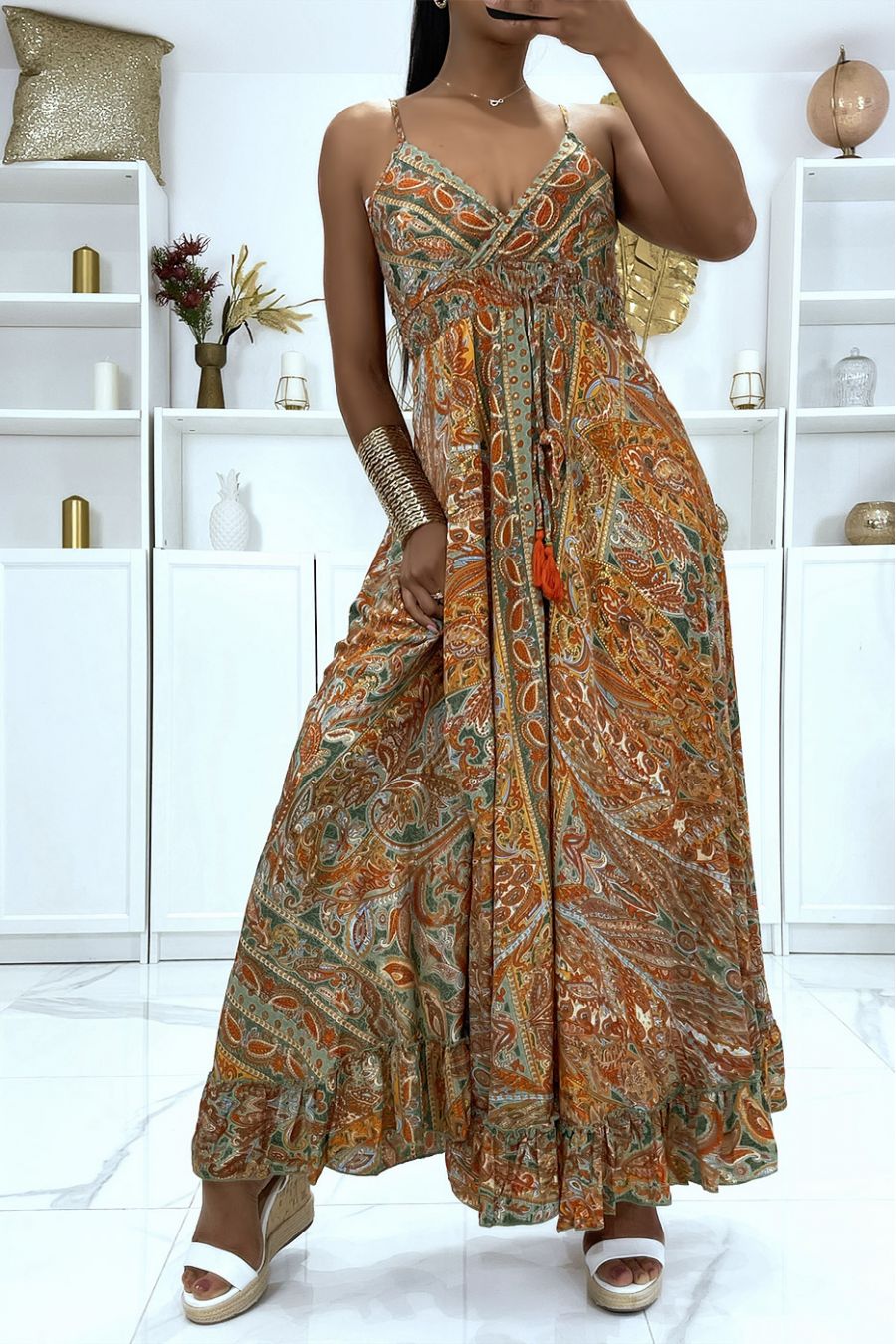 SuSlime zijden jurk met bandjes en mooi mosterdpatroon - 2