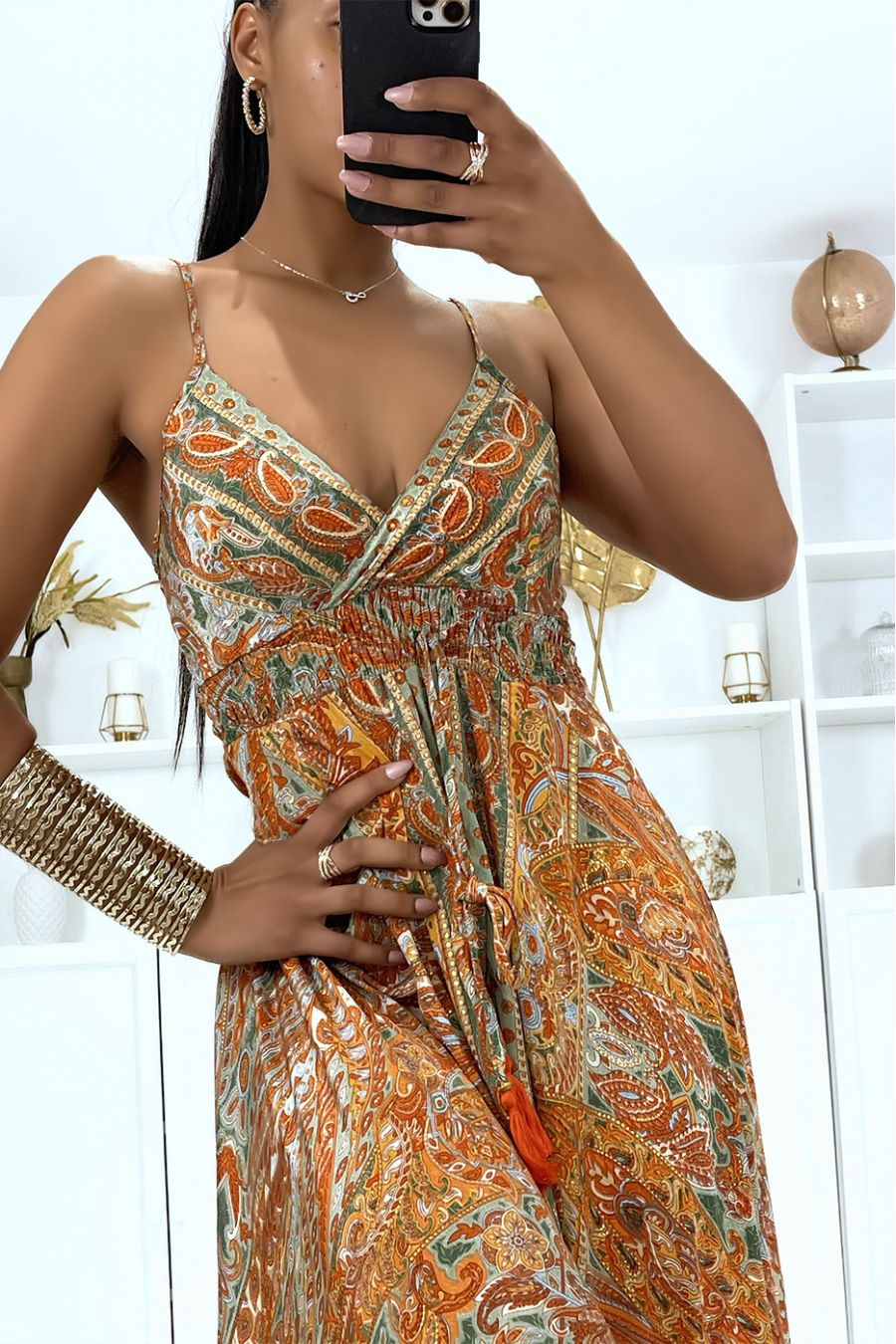 Sublime silk strap dress with pretty mustard pattern - 5