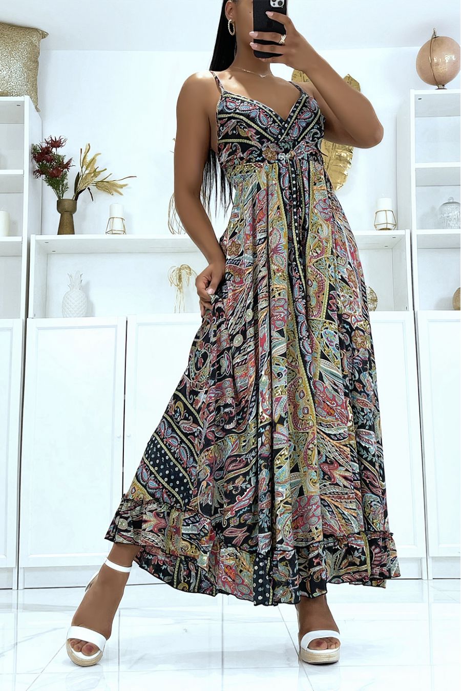 Sublime strappy silk dress with pretty black pattern - 1