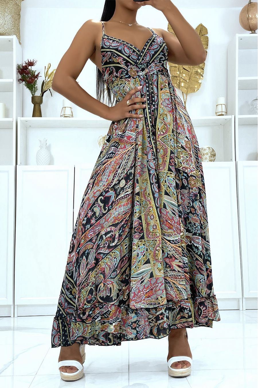 Sublime strappy silk dress with pretty black pattern - 2