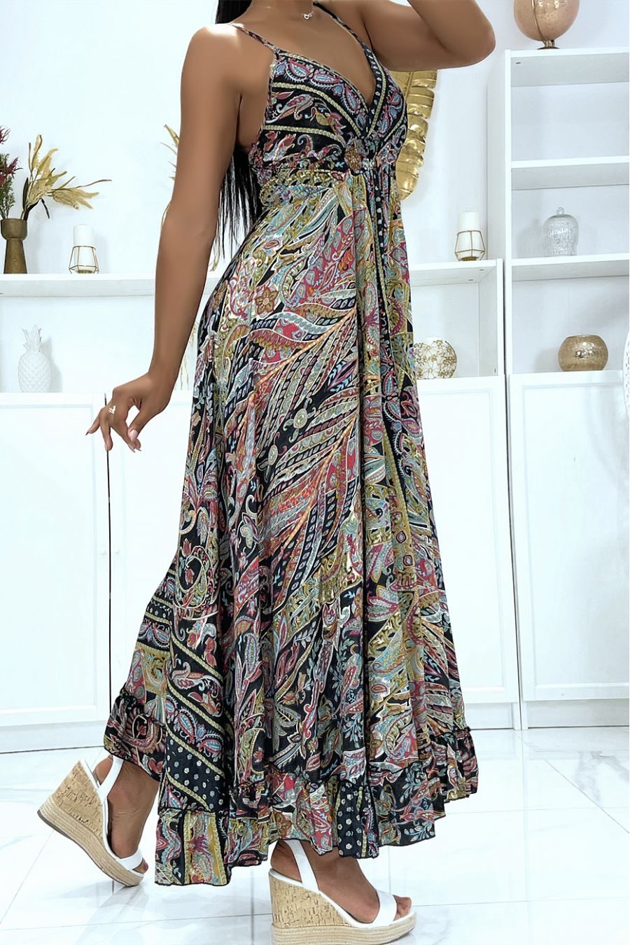 Sublime strappy silk dress with pretty black pattern - 3