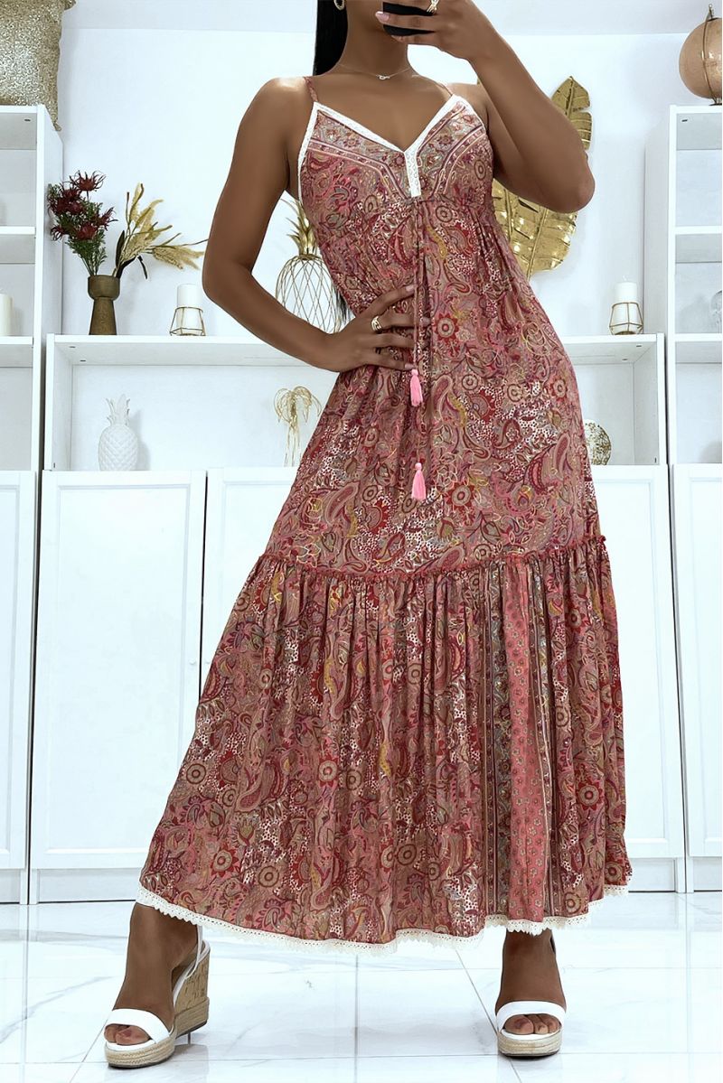 Sublime robe en soie à bretelle avec joli motif fuchsia  - 1