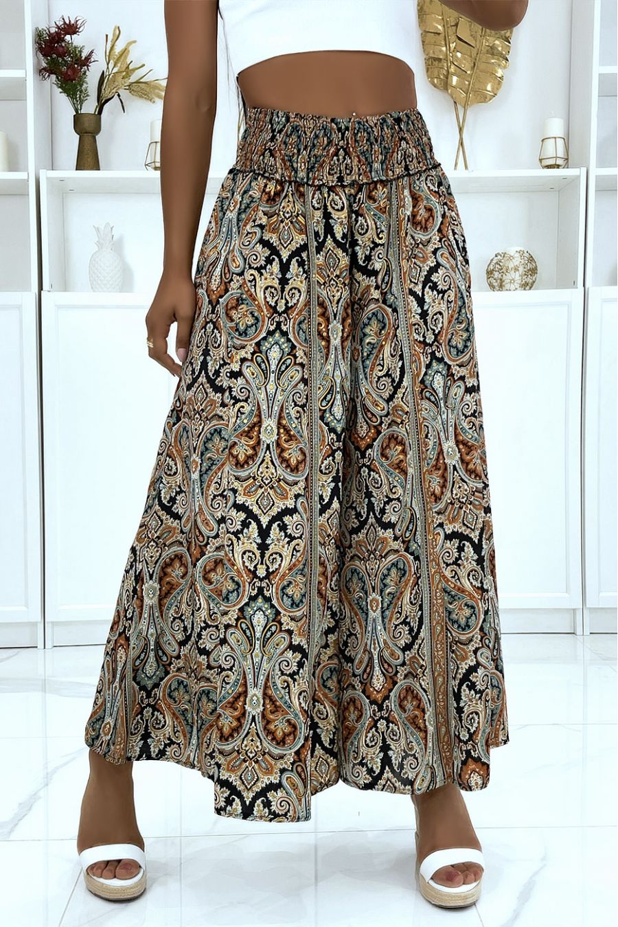 Sublieme zeer wijde zijden palazzo broek met zwart patroon - 1