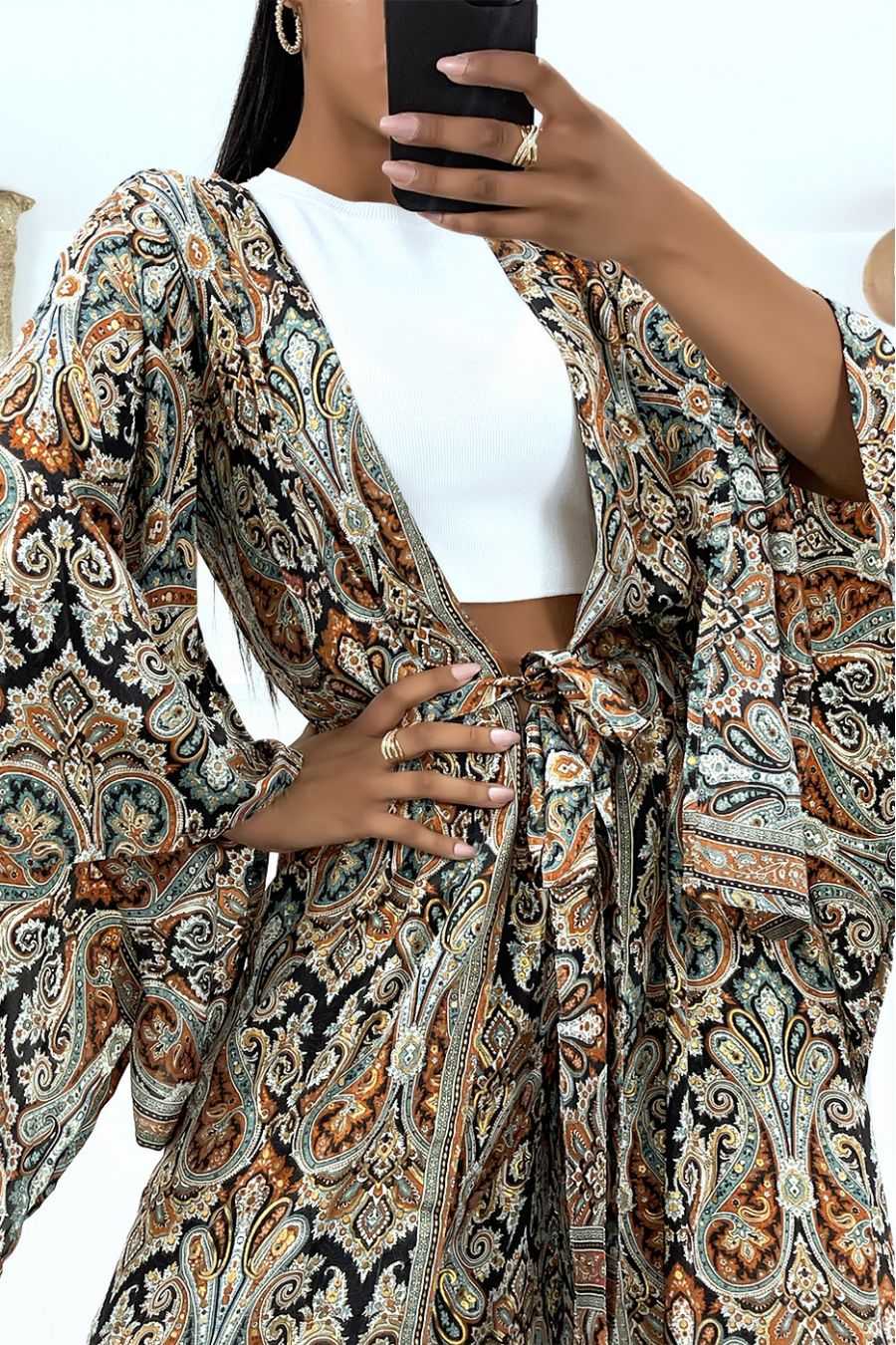 Sublieme zijden kimono met zwart patroon - 5