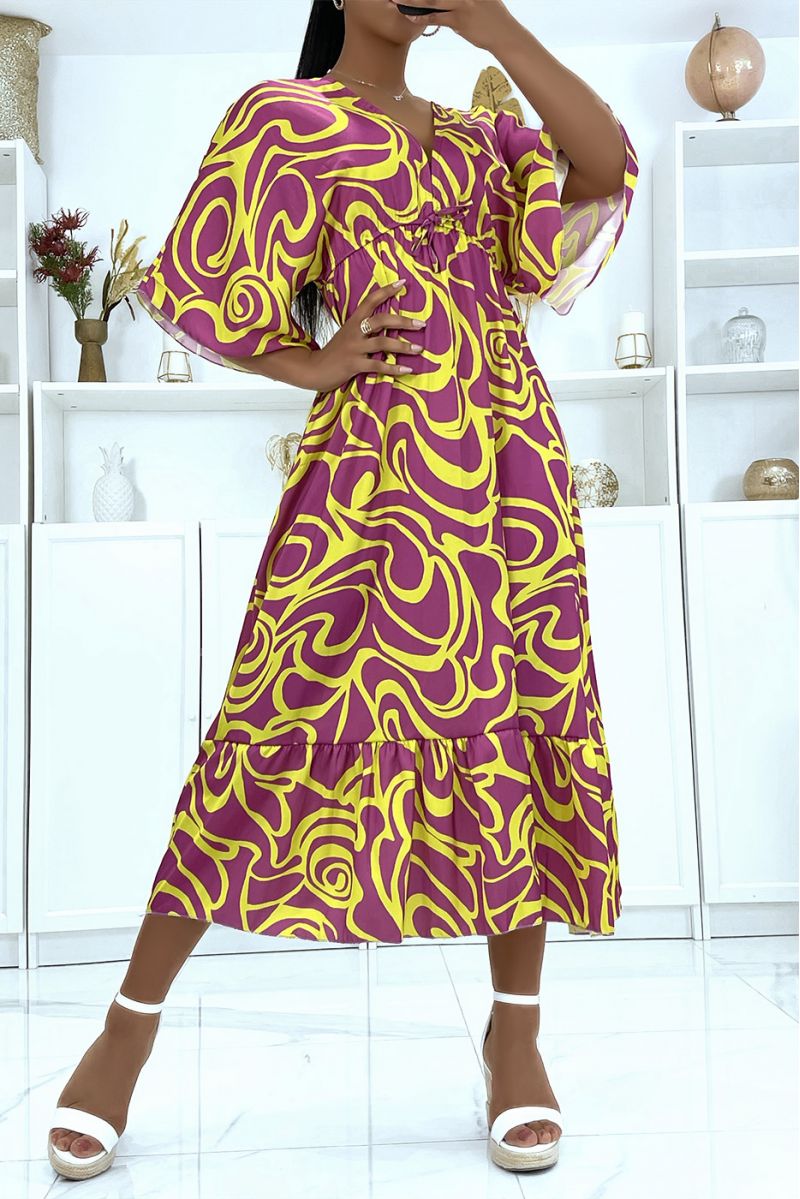 Longue robe kimono motif lilas et moutarde avec volant  - 1