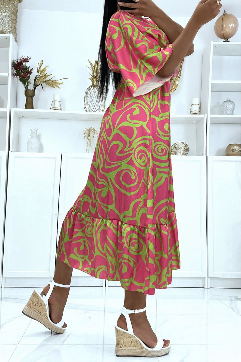 Long fuchsia and green pattern kimono dress with flounce - 3
