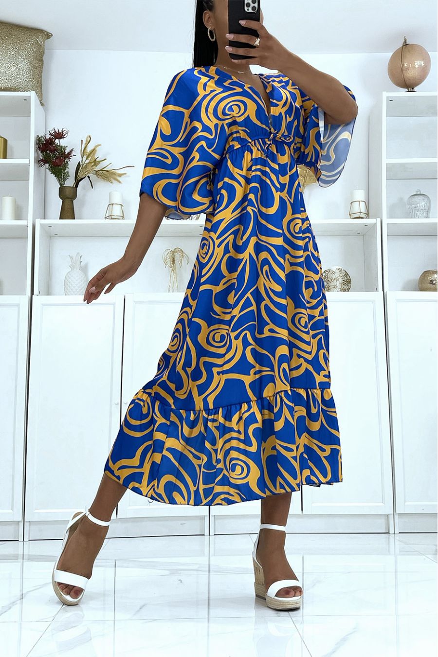 Long royal pattern kimono dress with flounce - 2