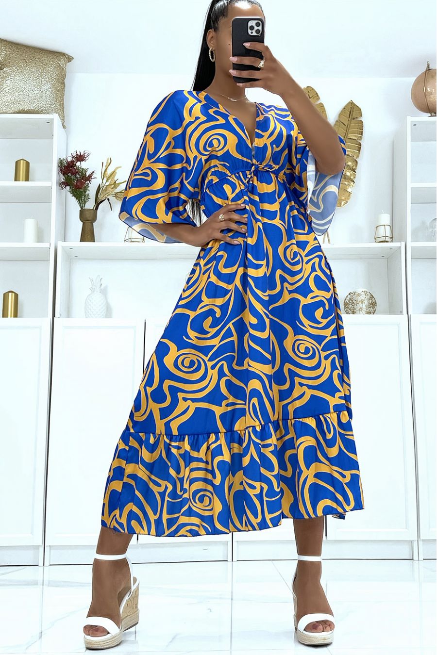 Long royal pattern kimono dress with flounce - 3