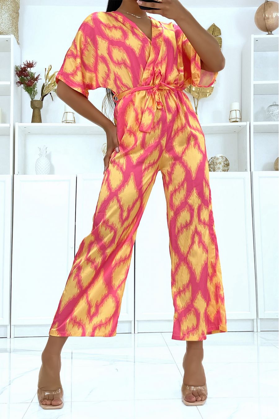 Satin jumpsuit with orange pattern - 1