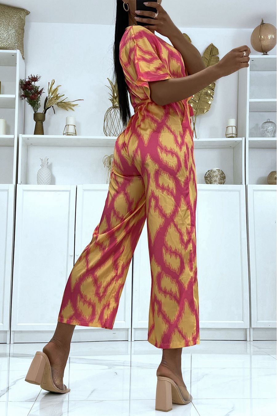 Satin jumpsuit with orange pattern - 4