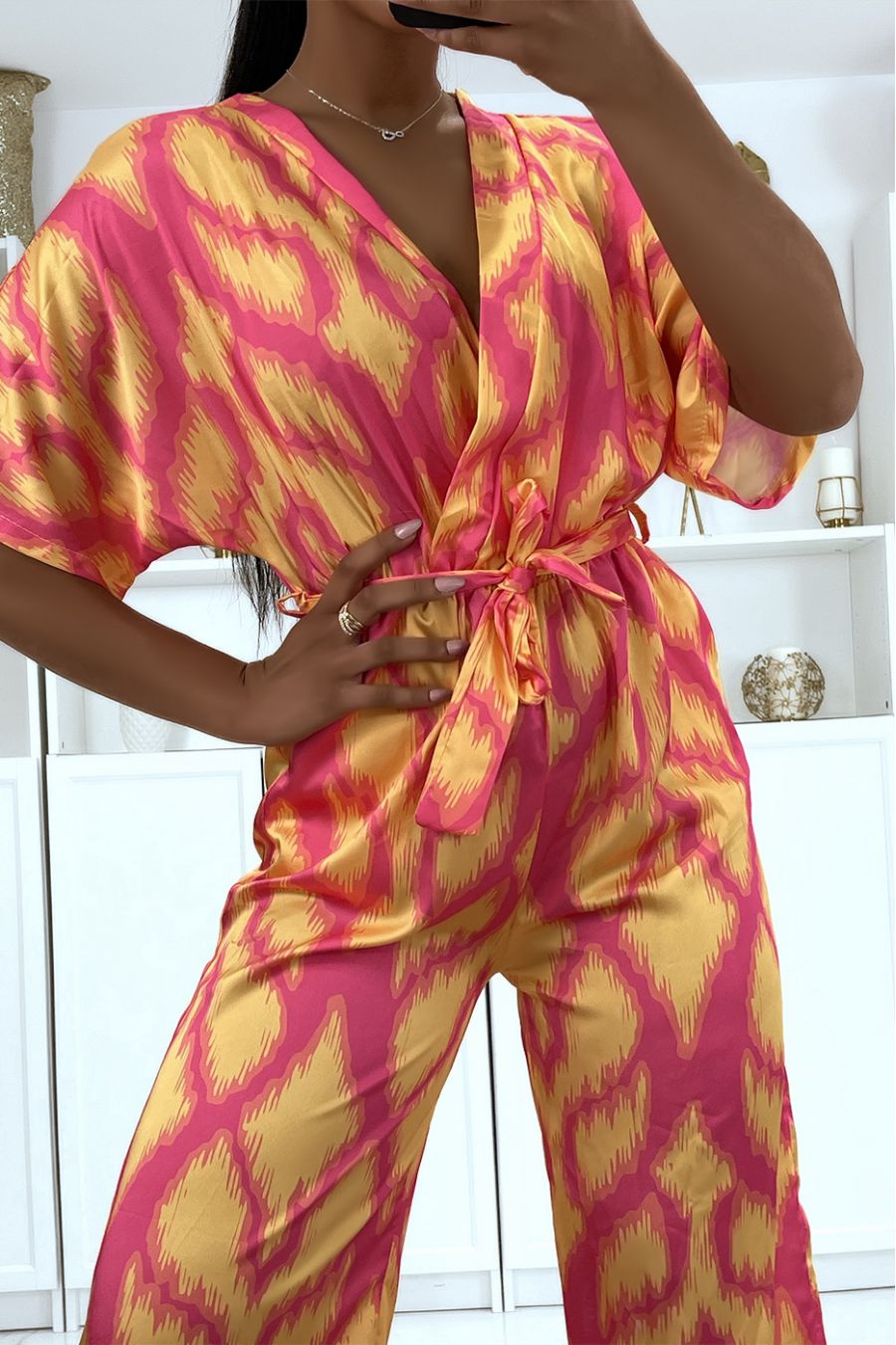 Satin jumpsuit with orange pattern - 5