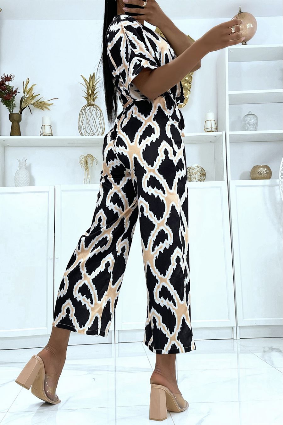 Combinaison pantalon satiné à motif noir  - 3