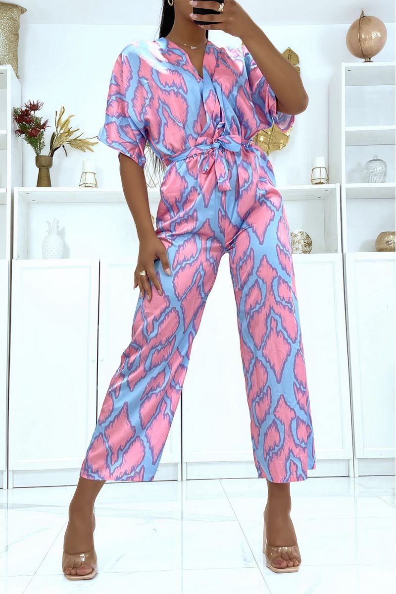 Satin jumpsuit with pink pattern - 1