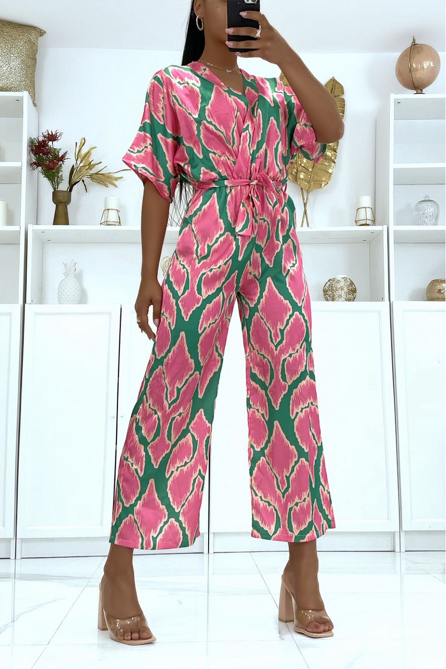 Satin jumpsuit with green pattern - 1