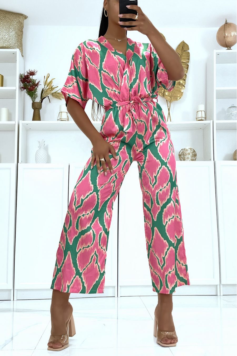 Satijnen jumpsuit met groen patroon - 2