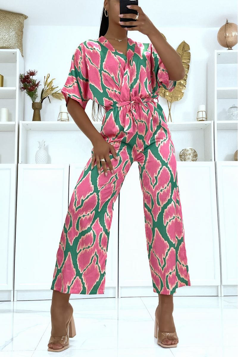 Combinaison pantalon satiné à motif vert  - 2