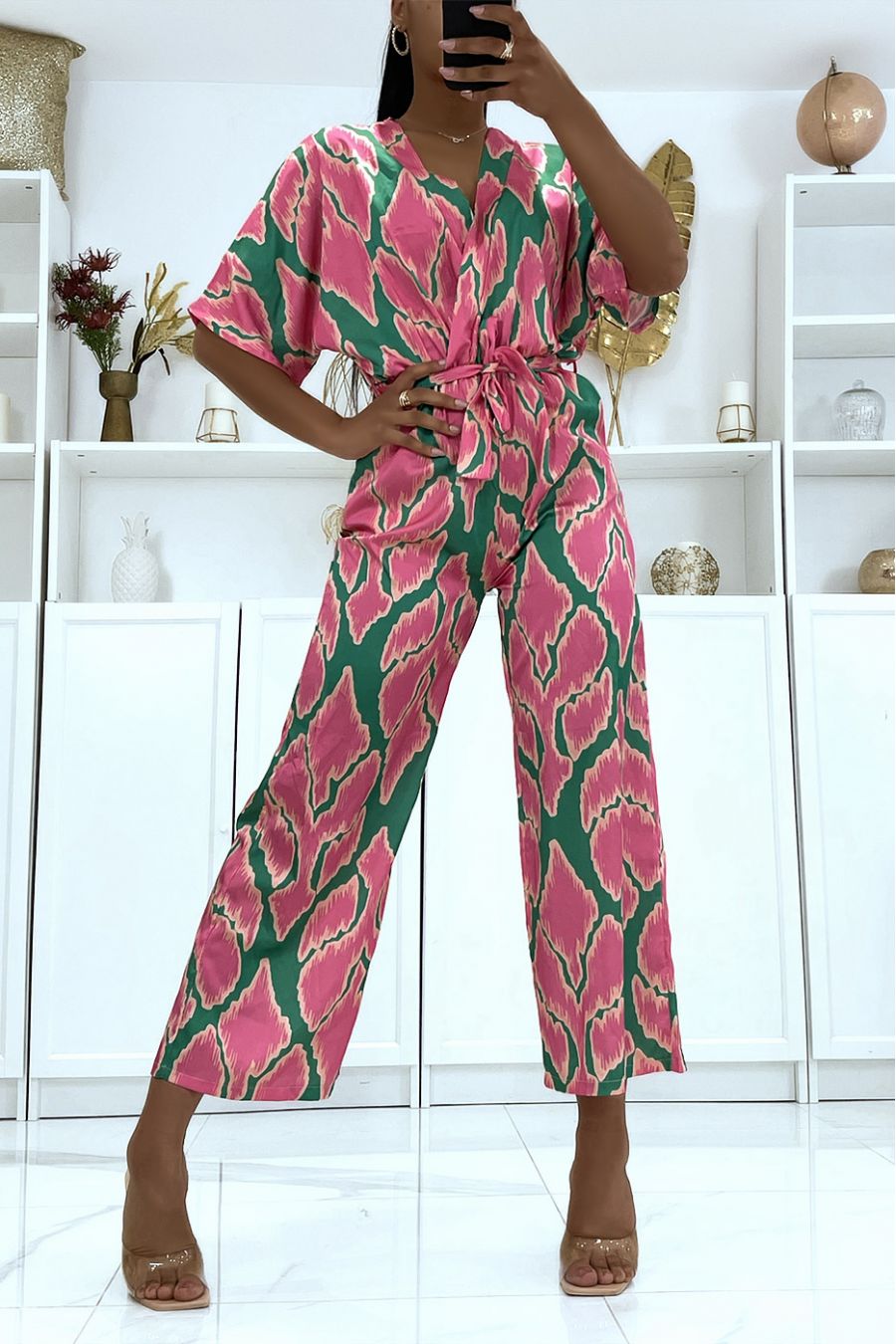 Satijnen jumpsuit met groen patroon - 3
