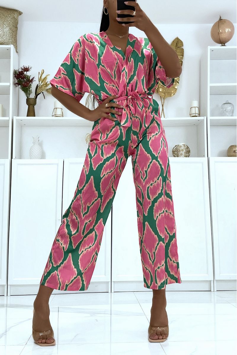 Combinaison pantalon satiné à motif vert  - 3