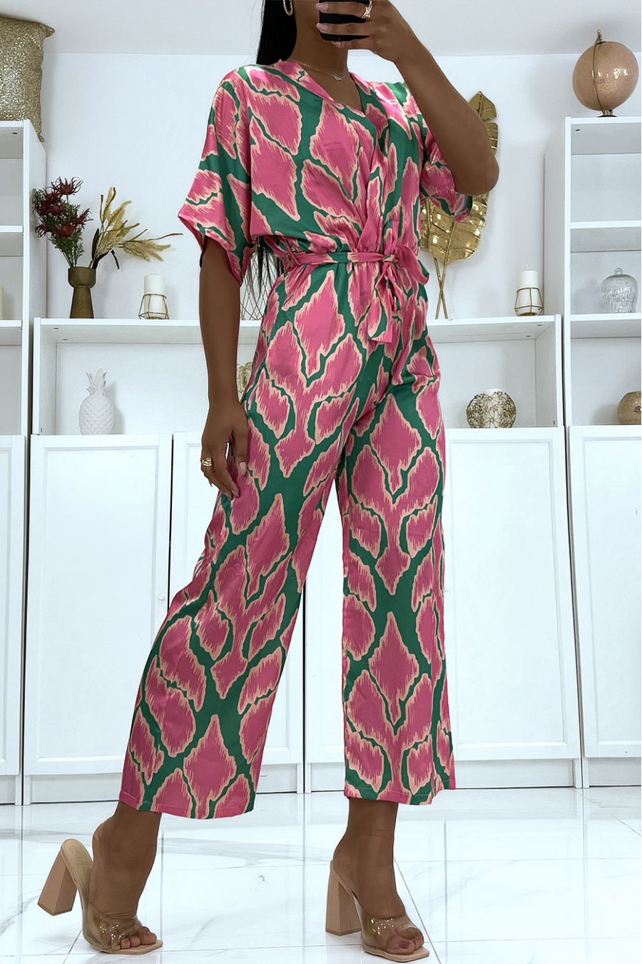 Satijnen jumpsuit met groen patroon - 4