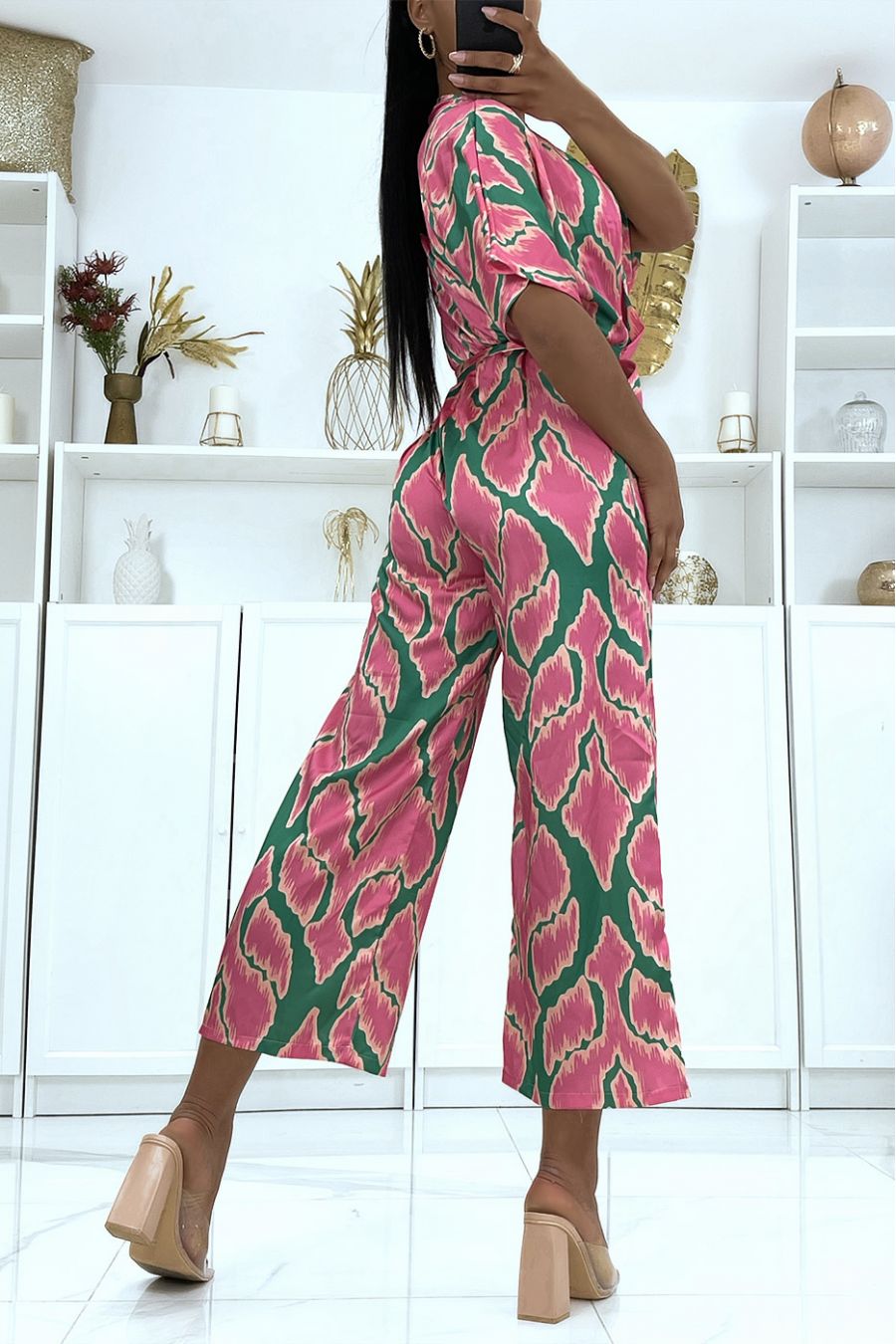 Combinaison pantalon satiné à motif vert  - 5