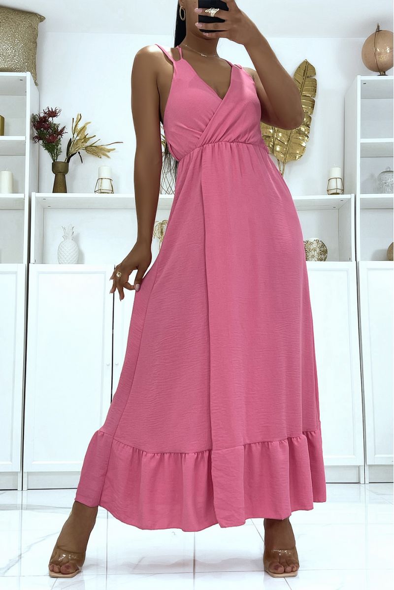 Robe portefeuille longue Fuchsia à bretelles croisées au dos - 1