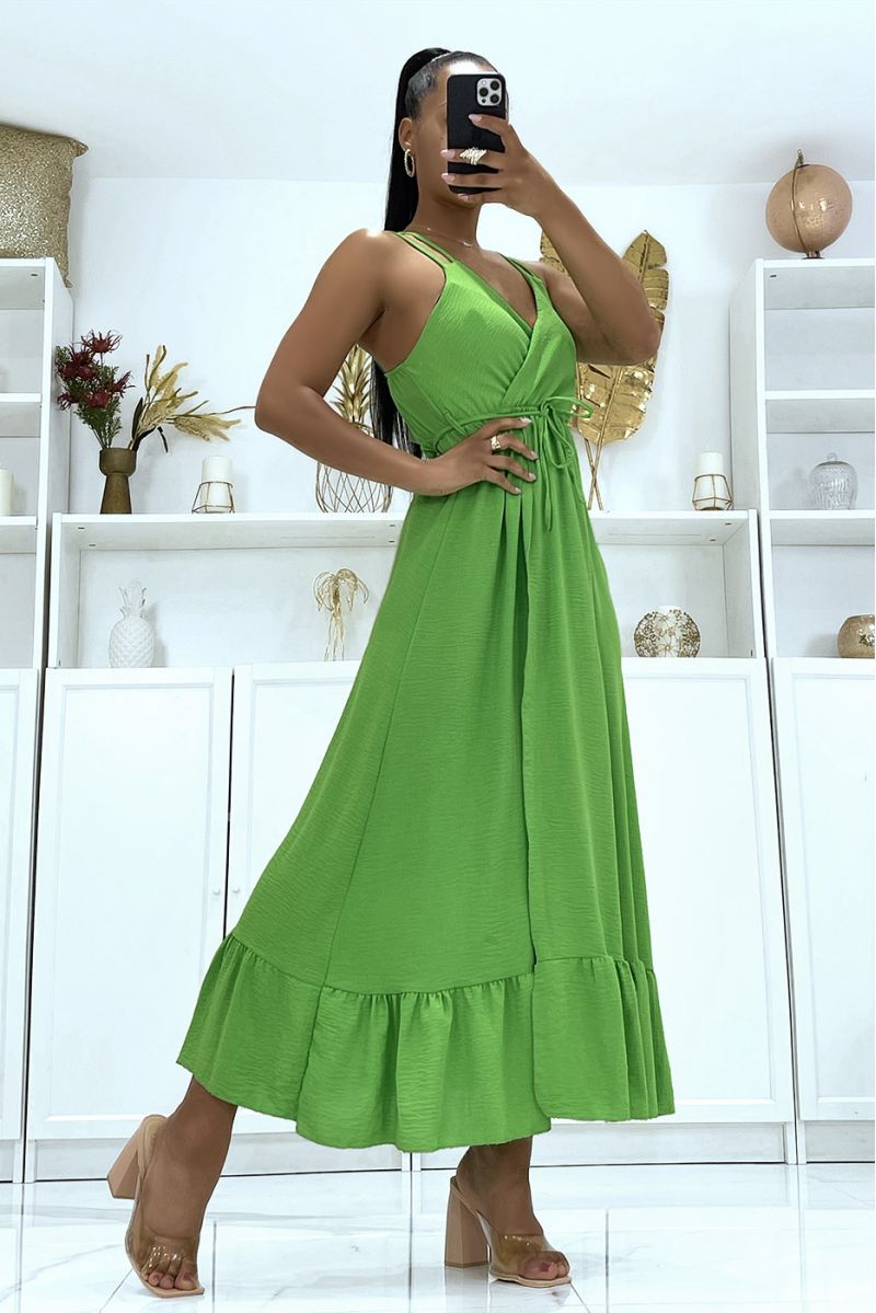 Long anise green wrap dress with crossed straps at the back - 3