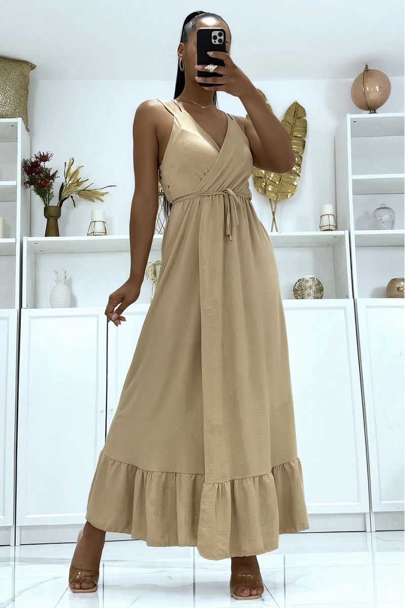 Long camel wrap dress with crossed back straps - 2