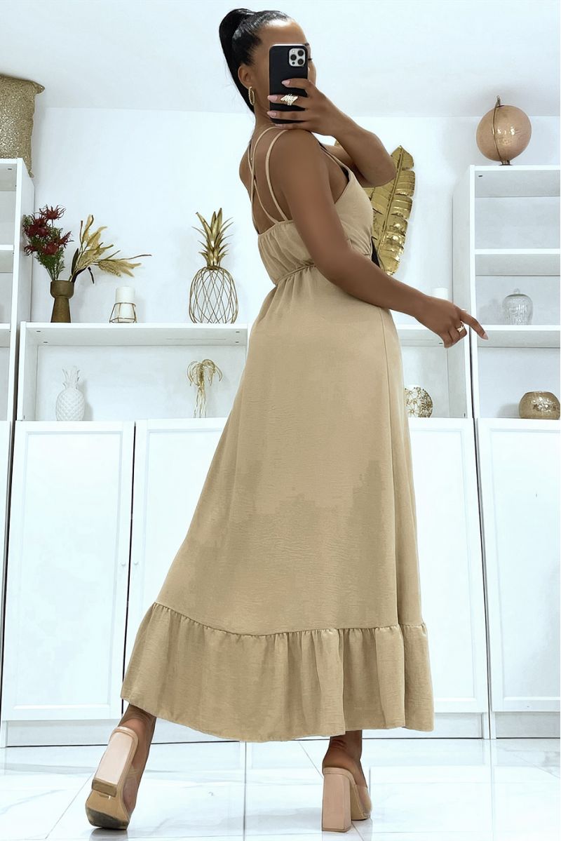 Long camel wrap dress with crossed back straps - 5