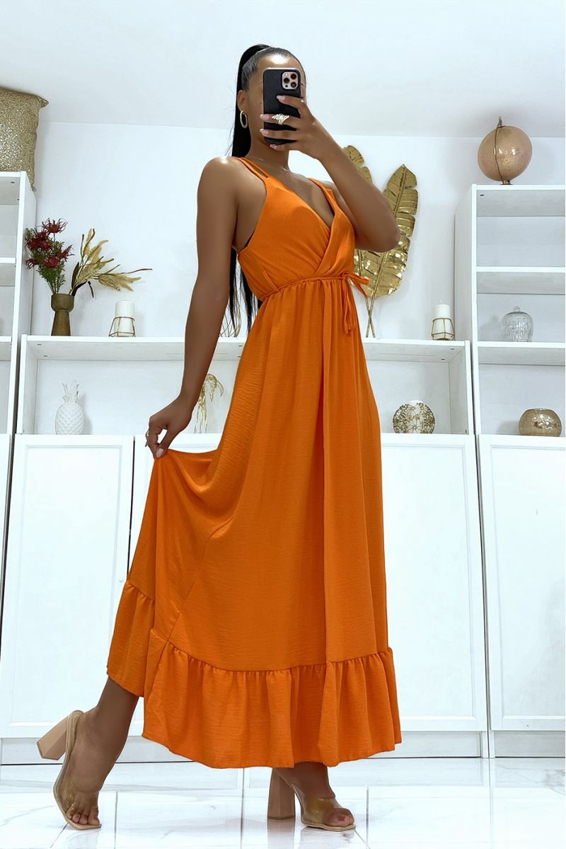Oranje maxi-wikkeljurk met gekruiste bandjes op de rug - 3