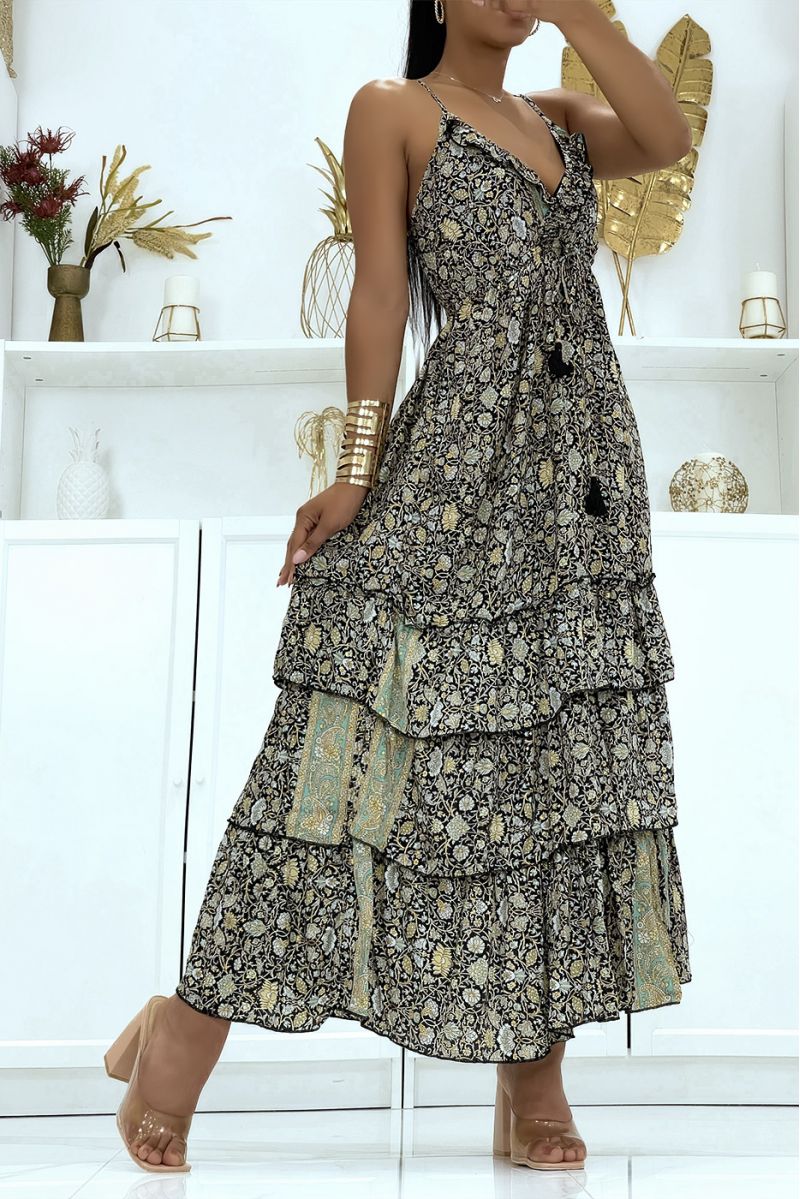 Long black dress with V-neck and ruffles fitted at the waist bohemian chic style - 2