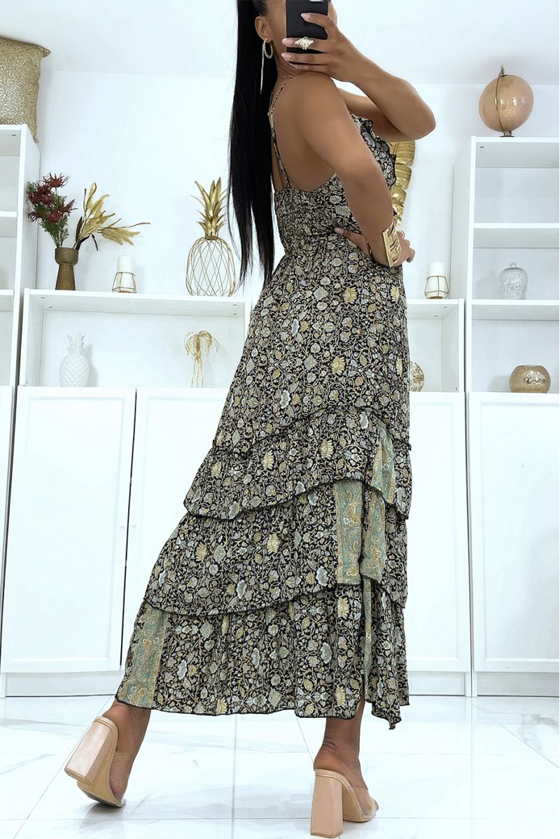 Long black dress with V-neck and ruffles fitted at the waist bohemian chic style - 3