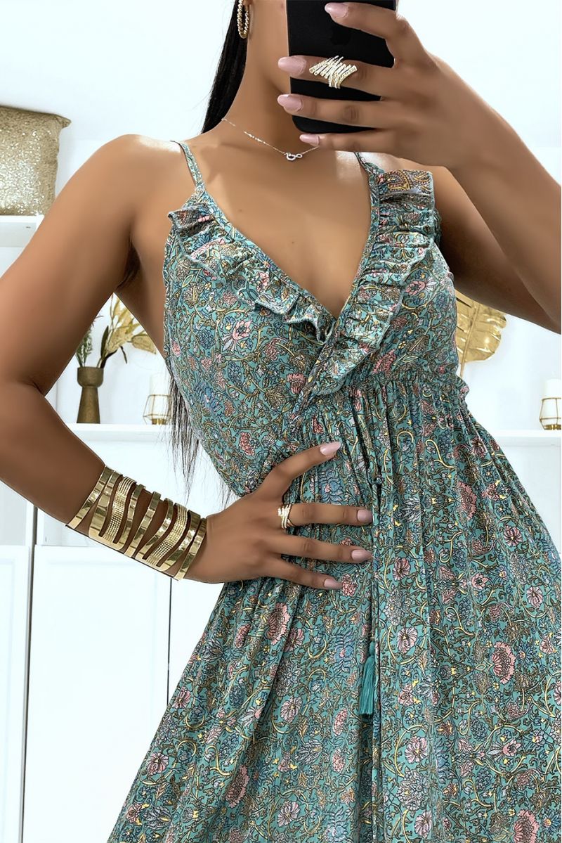 Green long dress with V-neck and ruffles fitted at the waist bohemian chic style - 4