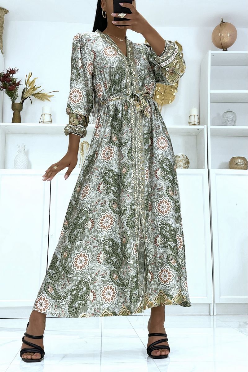 Long green satin dress with long sleeves and trendy patterns, belted at the waist - 1