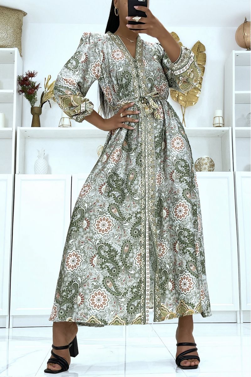 Long green satin dress with long sleeves and trendy patterns, belted at the waist - 2