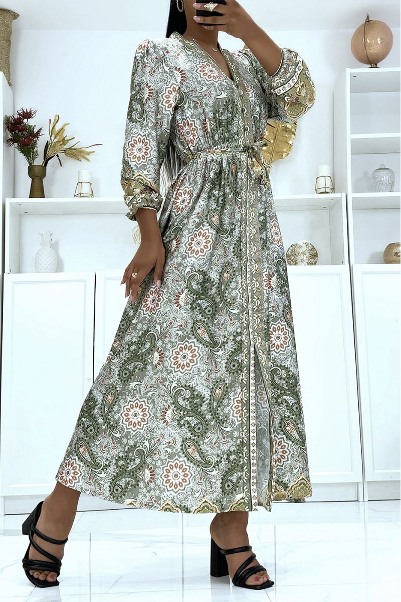Long green satin dress with long sleeves and trendy patterns, belted at the waist - 3
