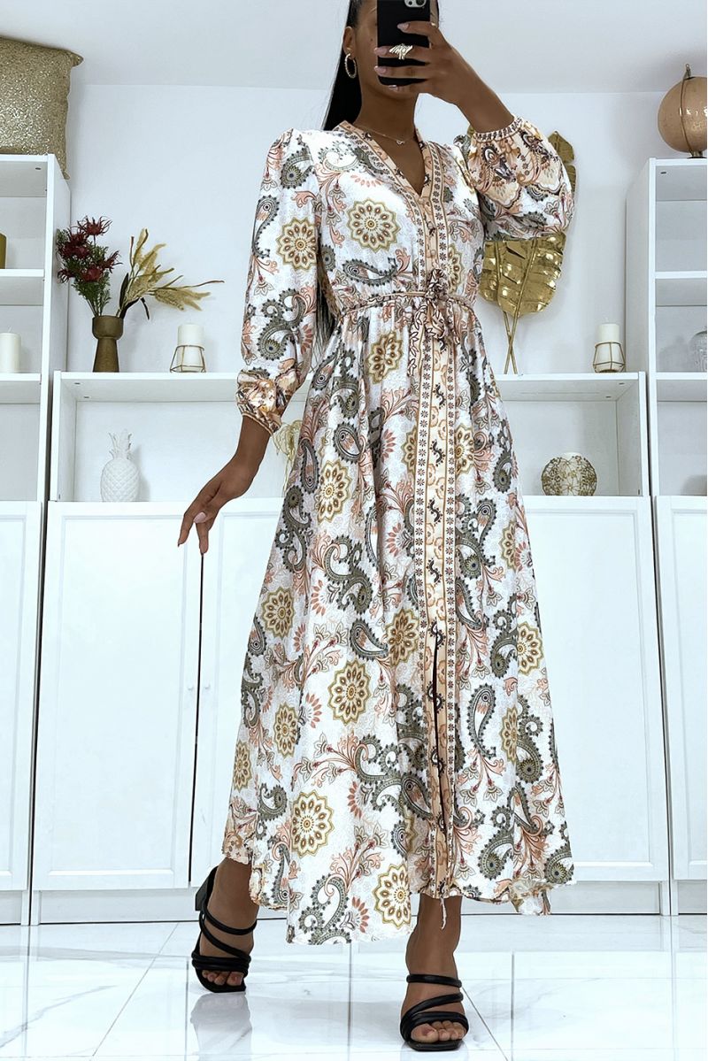 Long beige satin dress with long sleeves and trendy patterns belted at the waist - 4