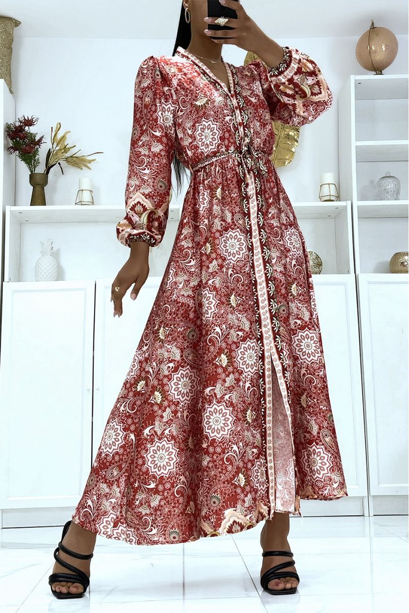 Long red satin dress with long sleeves and trendy patterns, belted at the waist - 1