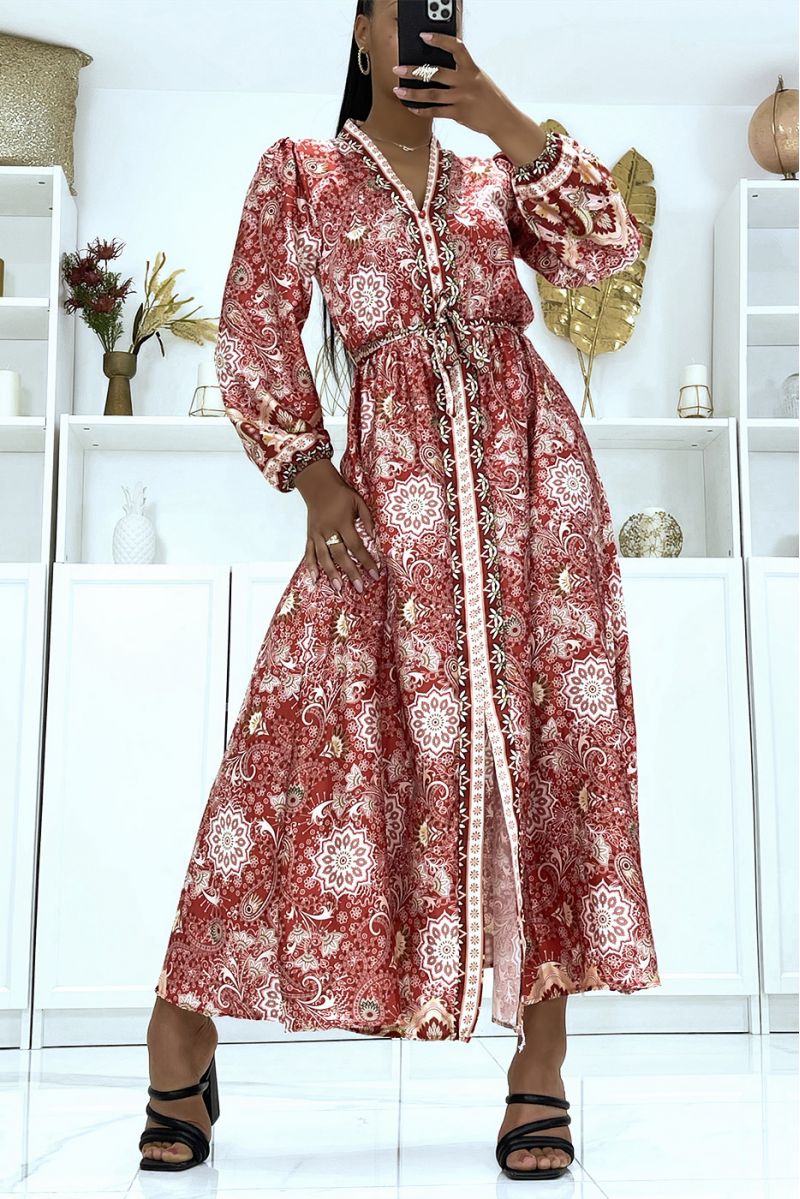 Long red satin dress with long sleeves and trendy patterns, belted at the waist - 2