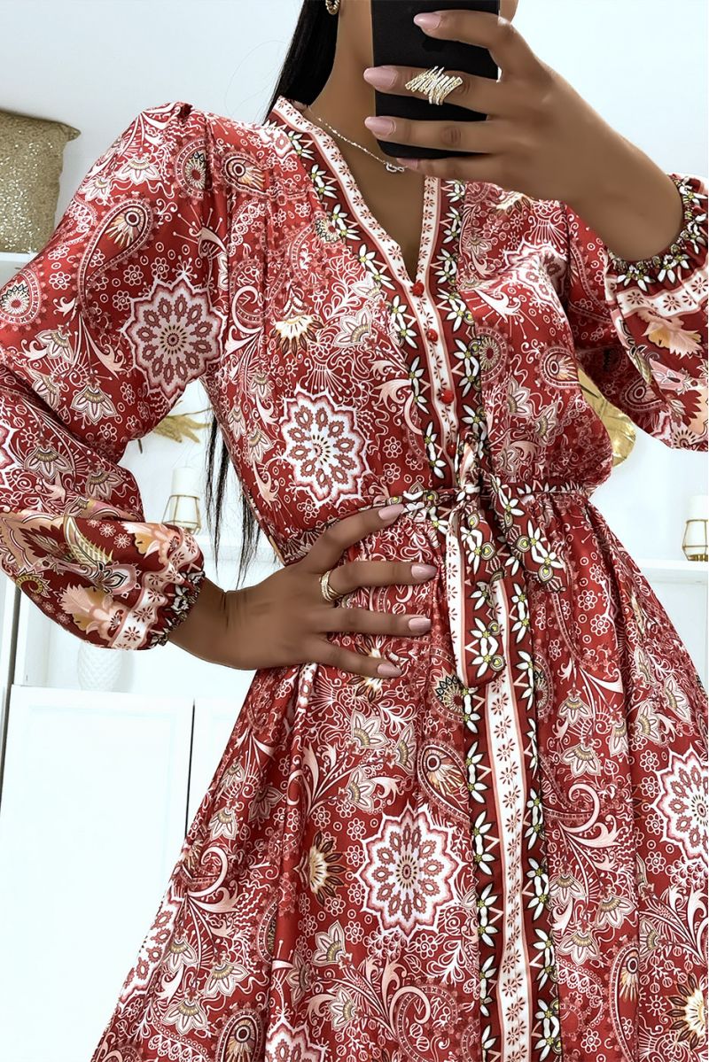 Long red satin dress with long sleeves and trendy patterns, belted at the waist - 5