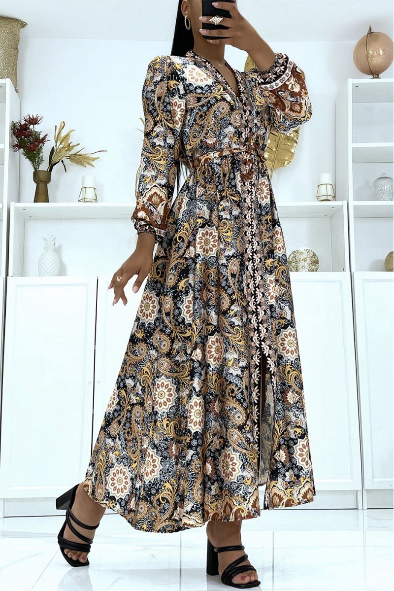 Long black satin dress with long sleeves and trendy patterns belted at the waist - 2