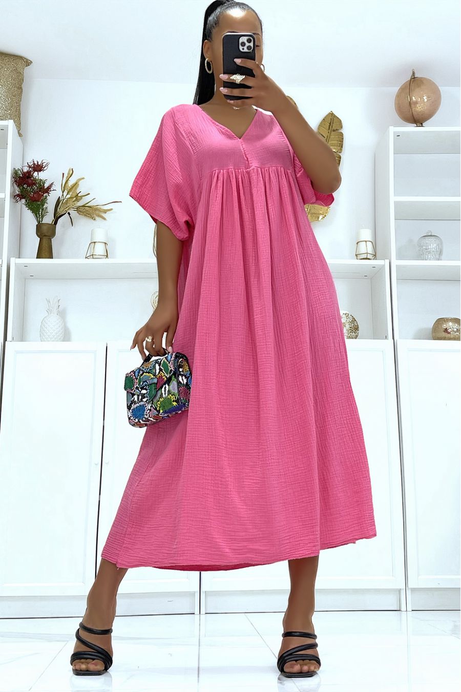 Fuchsia oversized lange jurk met halflange mouwen en V-hals - 1