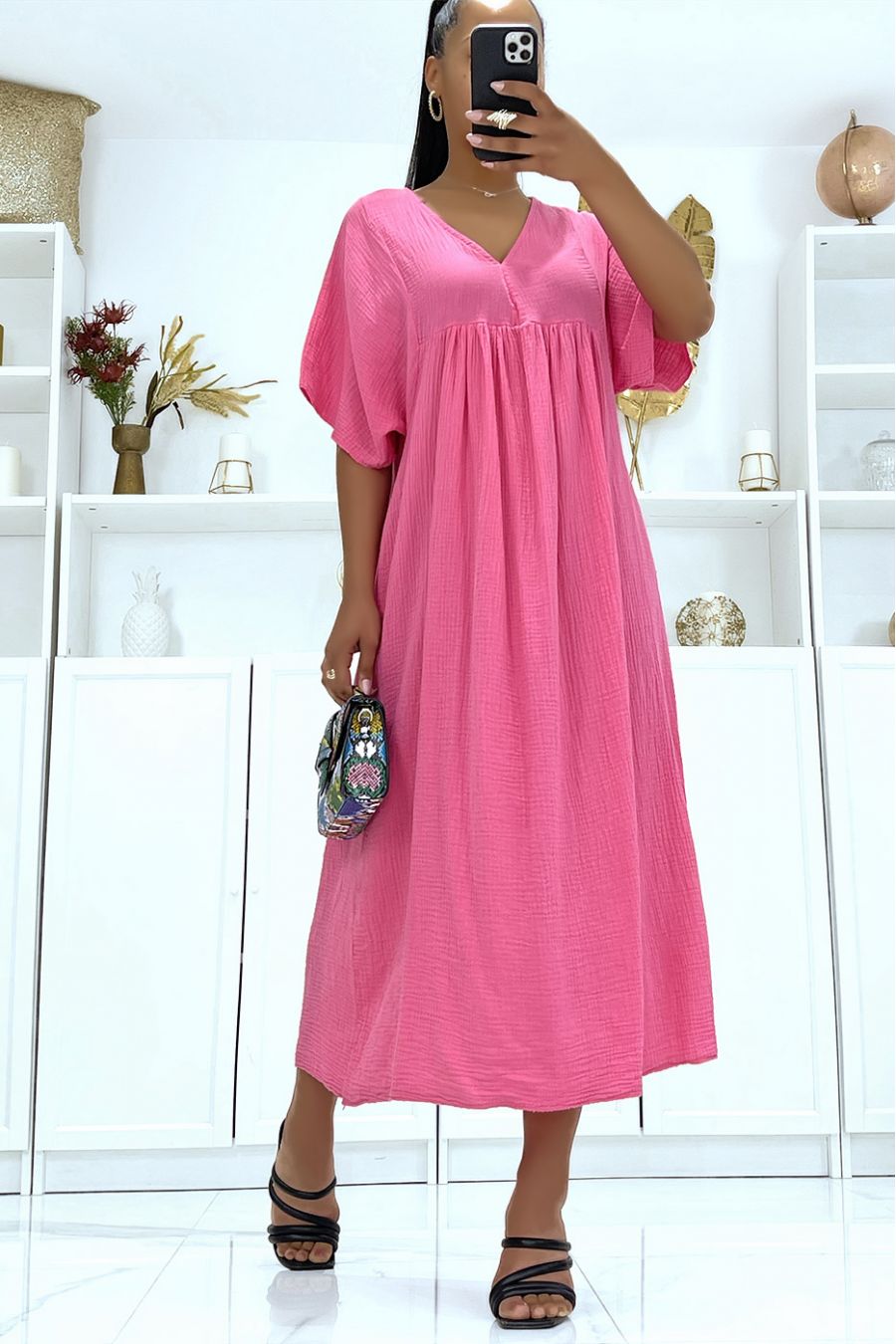 Fuchsia oversized long dress with half-length sleeves and V-neck - 3