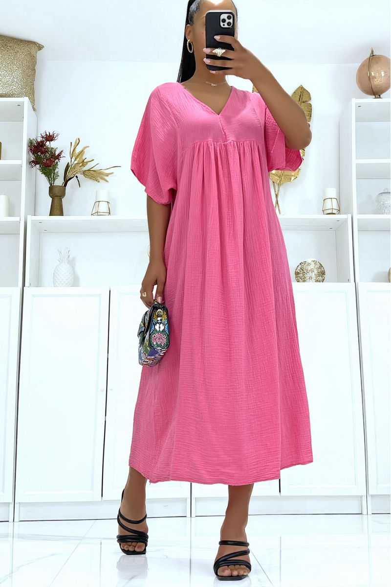 Robe longue oversize fuchsia à manches mi-longues et col V  - 3