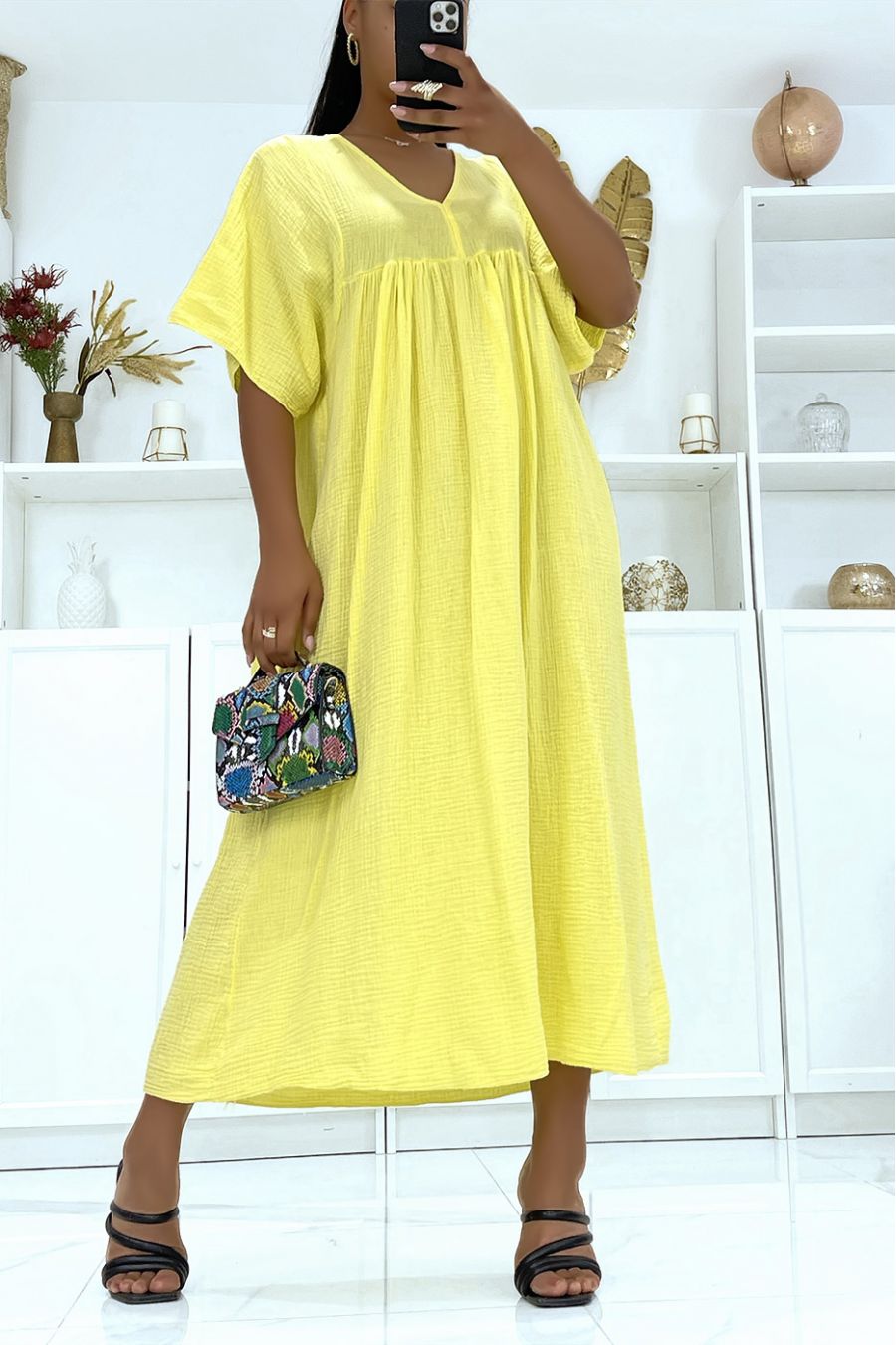 Yellow oversized long dress with half sleeves and V neck - 1